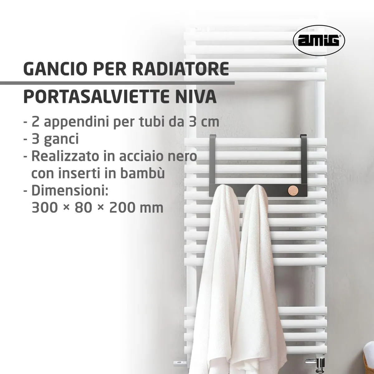 Amig appendiabiti radiatore nero bambù 3 ganci senza fori