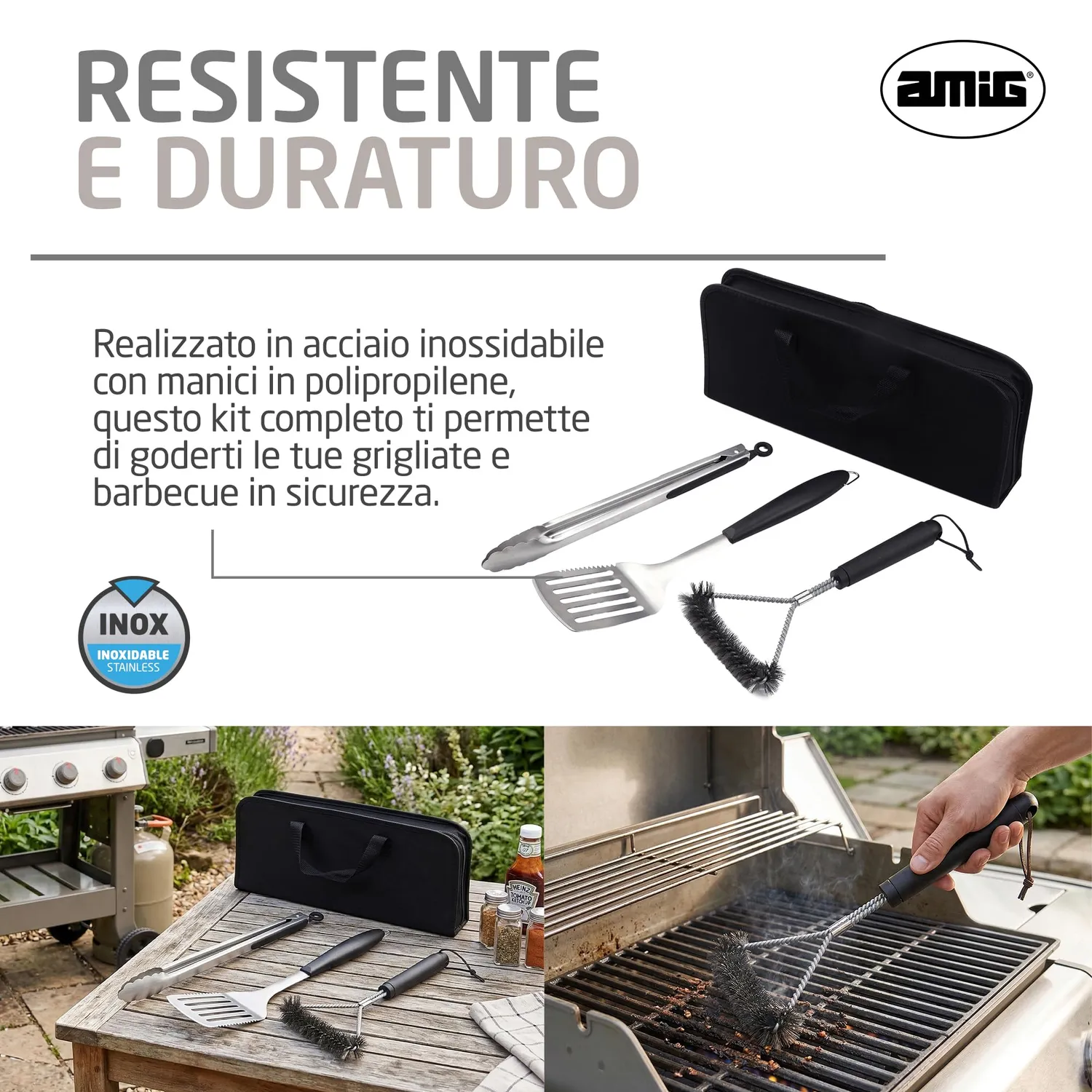 Amig AM02 Kit 3 Accessori Barbecue Inox Custodia