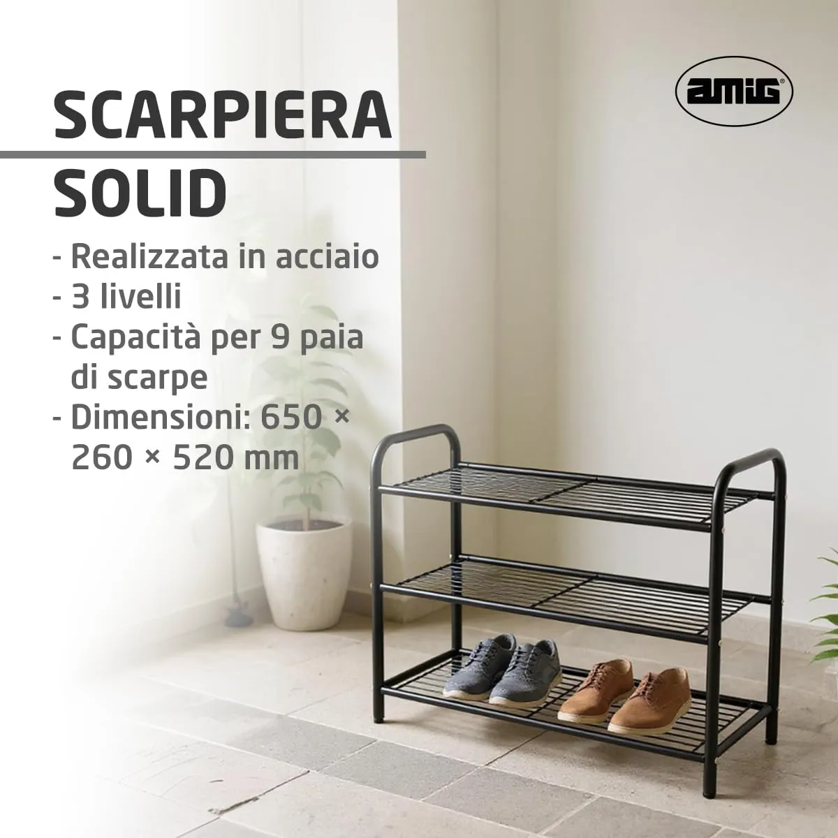 Amig scarpiera metallo 3 ripiani 9 paia 65x25 cm nera