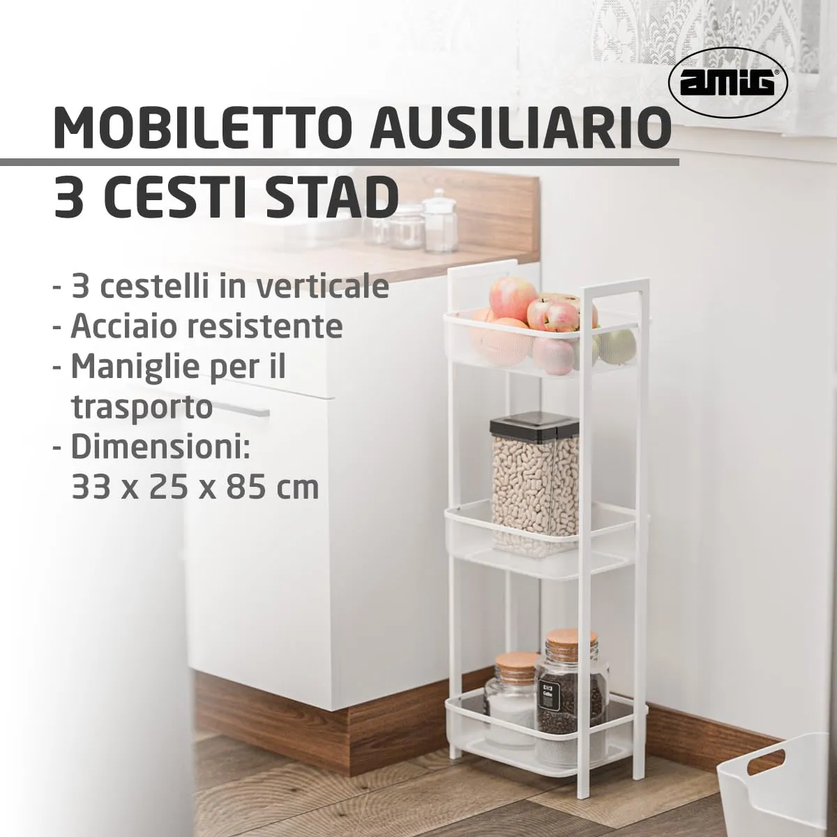 Amig Mobile Organizzatore 3 Cesti 33x25x85 cm Bianco