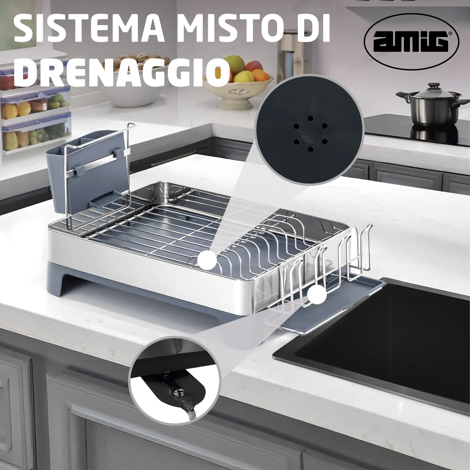 Amig Siba Scolapiatti Acciaio Grigio 10 Piatti 51 cm