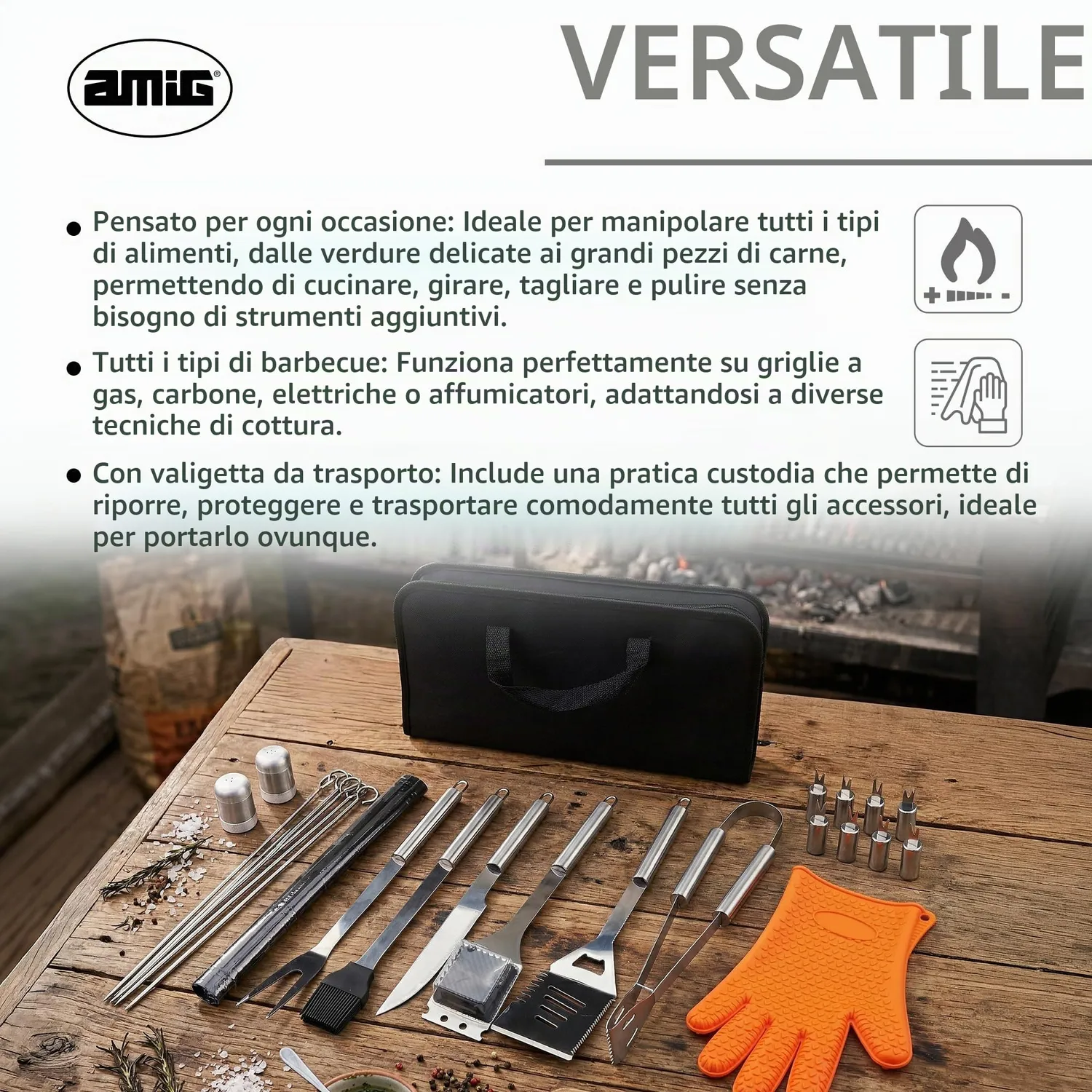 Amig AM18 Kit 28 Accessori Barbecue Inox in Valigetta