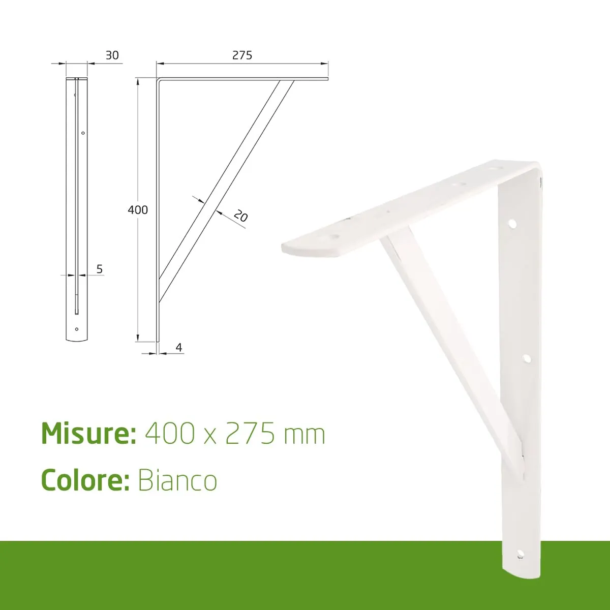 Amig Mod.9 Staffe Mensole 400x275 mm 4 Pezzi Bianche