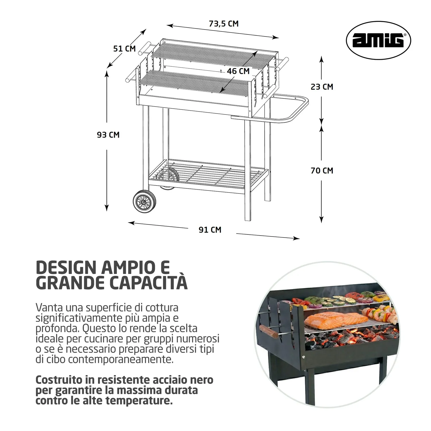 Amig Draken Barbecue a Carbone 94x51x93 cm Nero