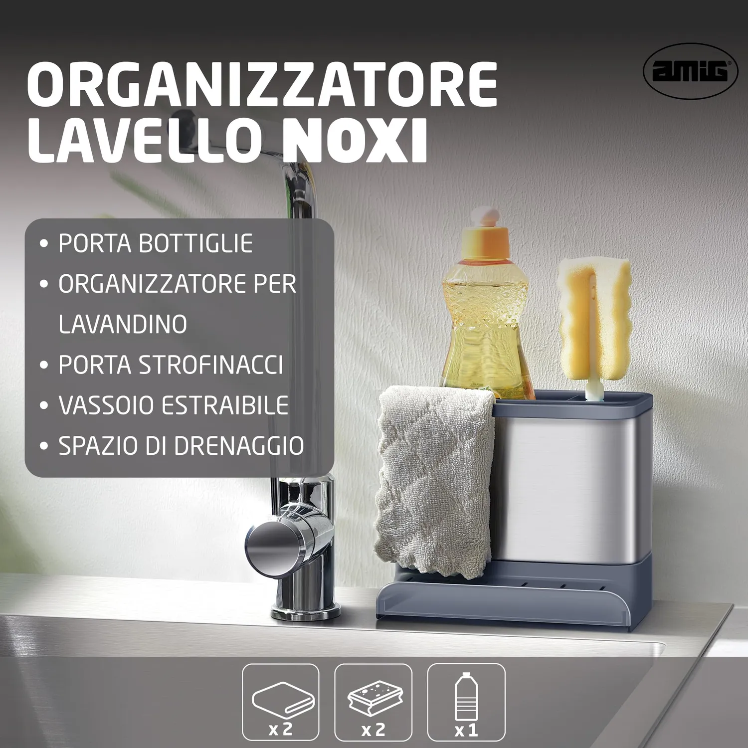 Amig Noxi organizzatore lavello grigio 15,4 cm