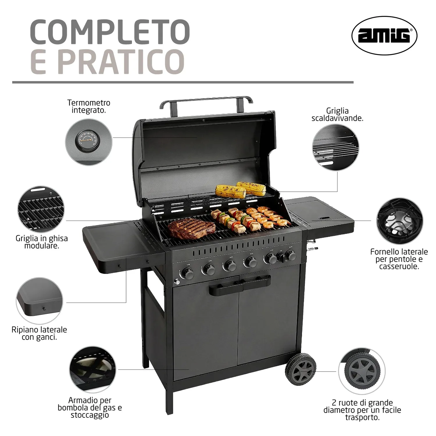 Amig Ignis 6F Barbecue a Gas 6+1 Bruciatori Nero