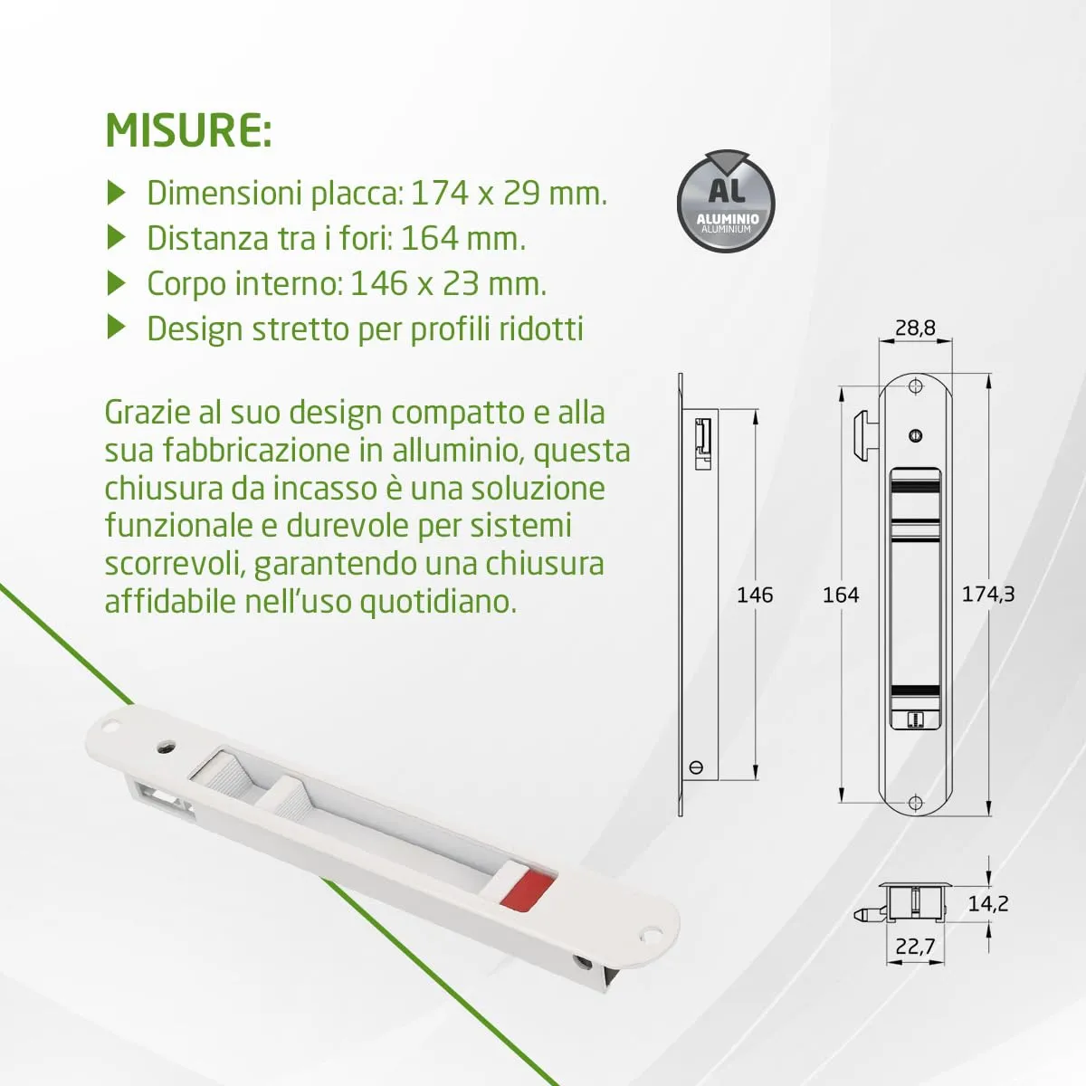 Amig serratura incasso 174 x 29 mm bianca alluminio