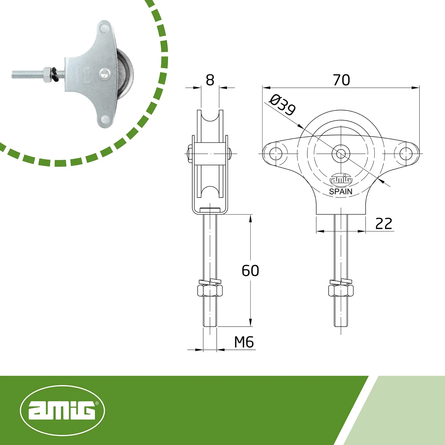 Amig Puleggia Stendibiancheria Acciaio 39mm M6x60