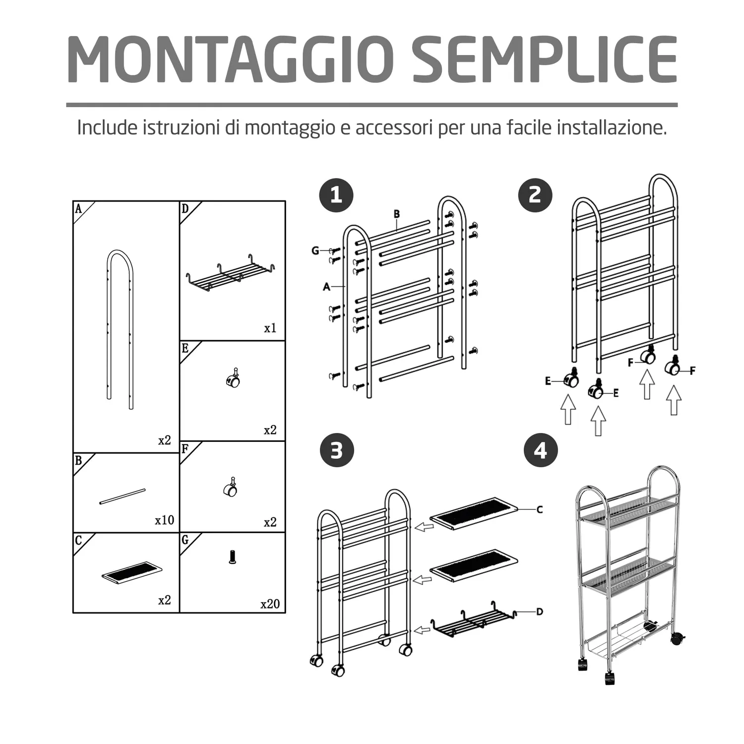 Amig Brisa carrello bagno stretto 3 ripiani con ruote