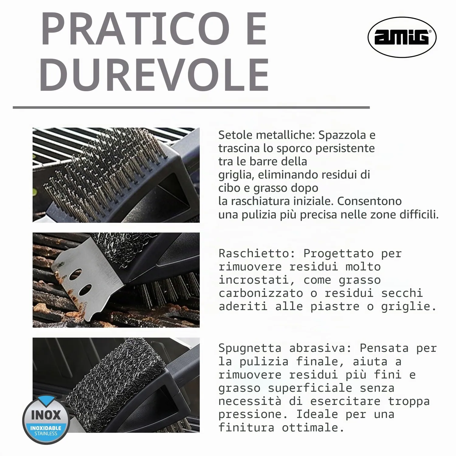 Amig AM20 Spazzola Griglia 3 in 1 37x6 cm Inox