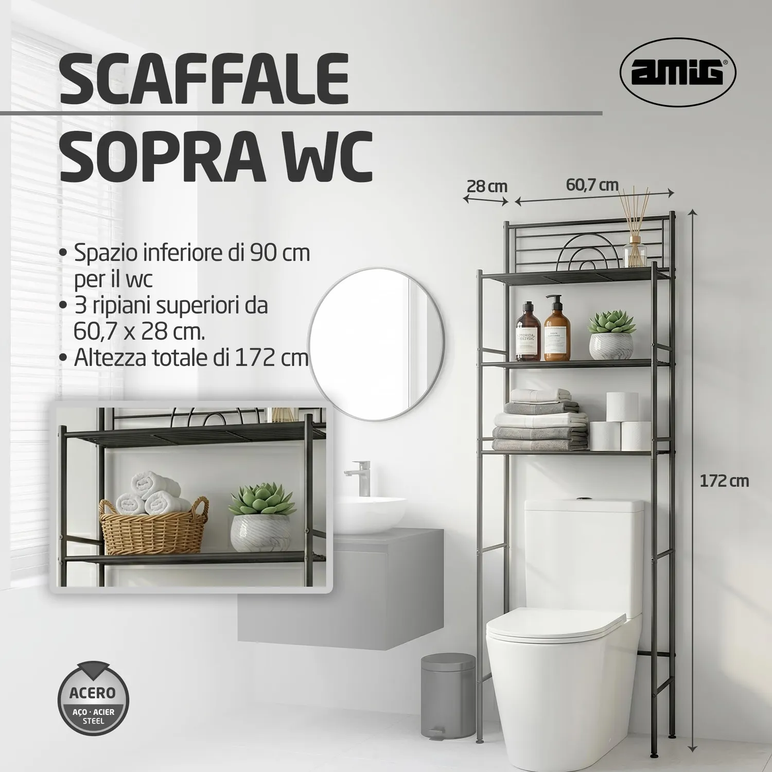 Amig Oria mensola bagno sopra WC 3 ripiani nera