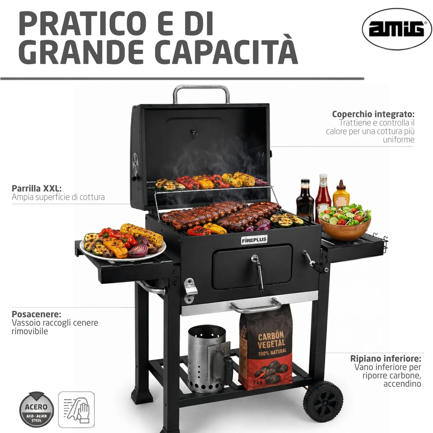 Amig Fireplus barbecue carbone portatile ruote 57x42 cm