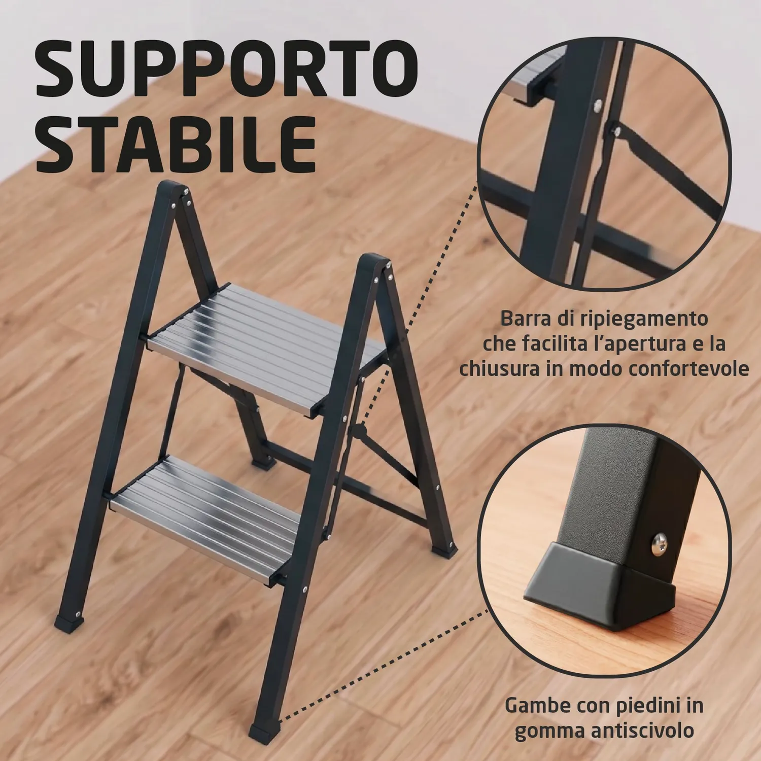 Amig Sgabello Pieghevole 2 Gradini Nero 66x48x40 cm
