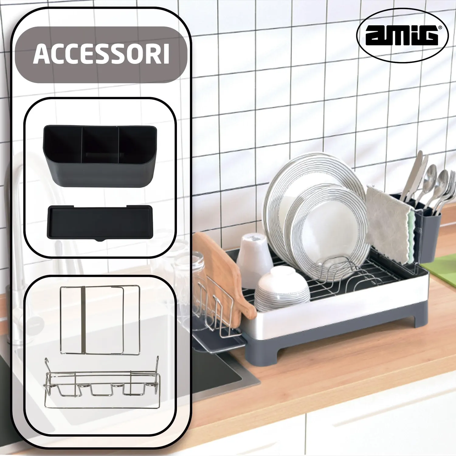Amig Siba Scolapiatti Acciaio Grigio 10 Piatti 51 cm