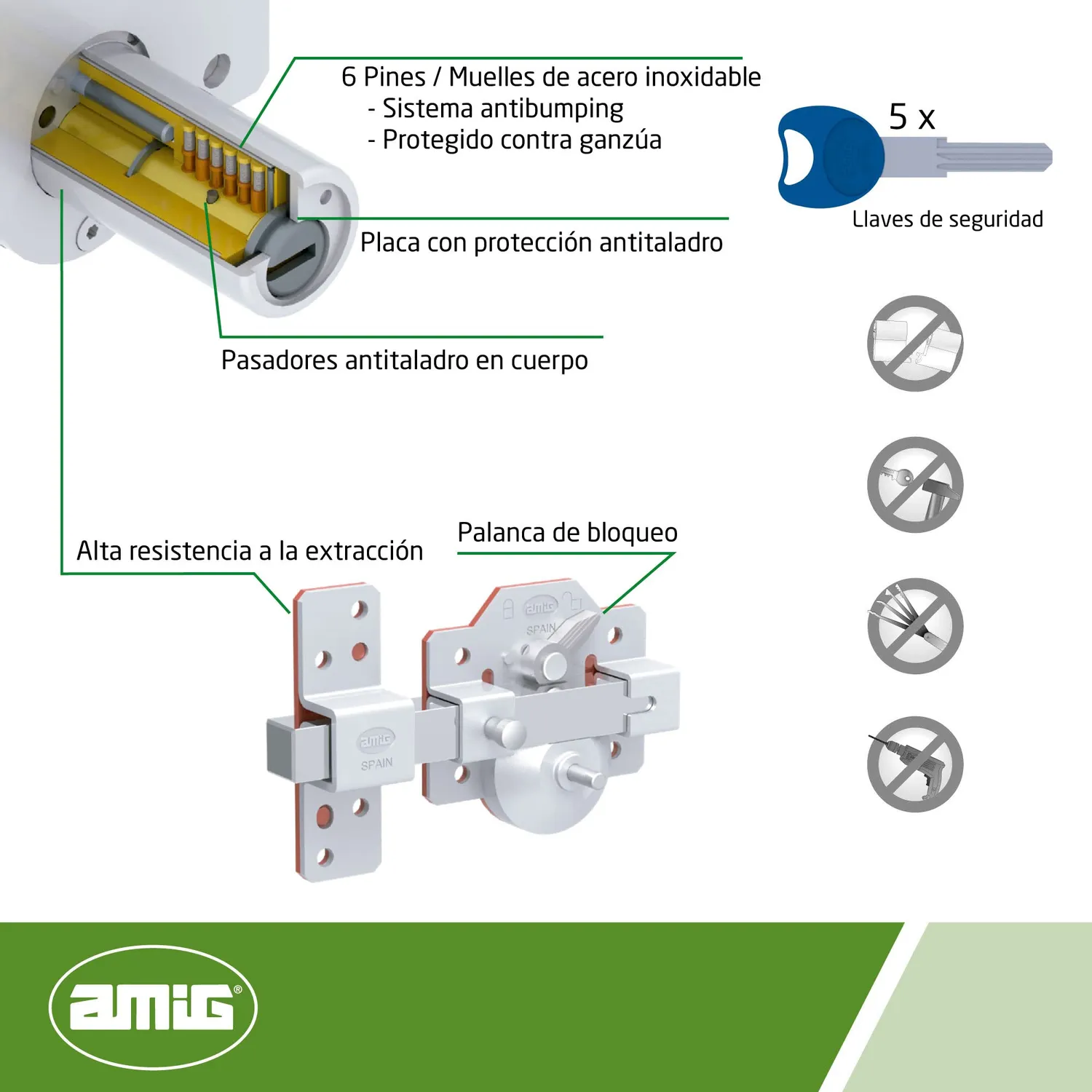 Amig chiavistello acciaio oro 90x154 mm cilindro 50 mm