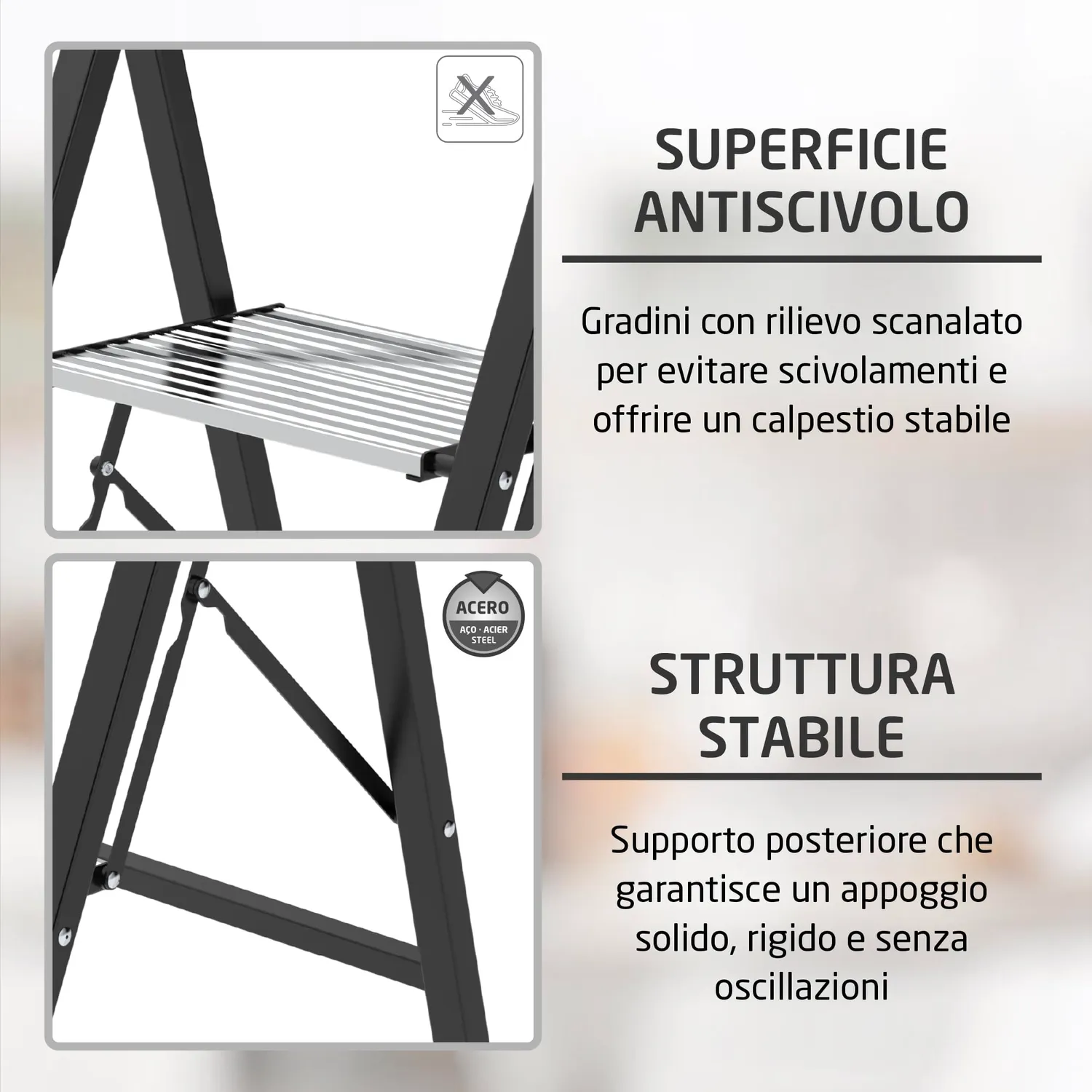 Amig Sgabello Pieghevole 2 Gradini Nero 66x48x40 cm