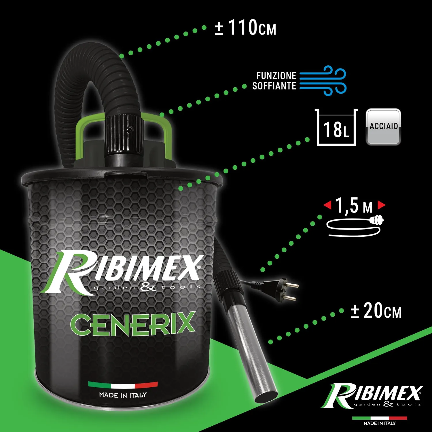 Ribimex Cenerix PRCEN003/1200 Aspiracenere 18 L 1200W