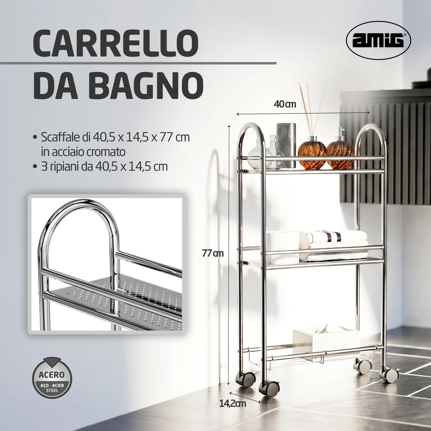 Amig Brisa carrello bagno stretto 3 ripiani con ruote
