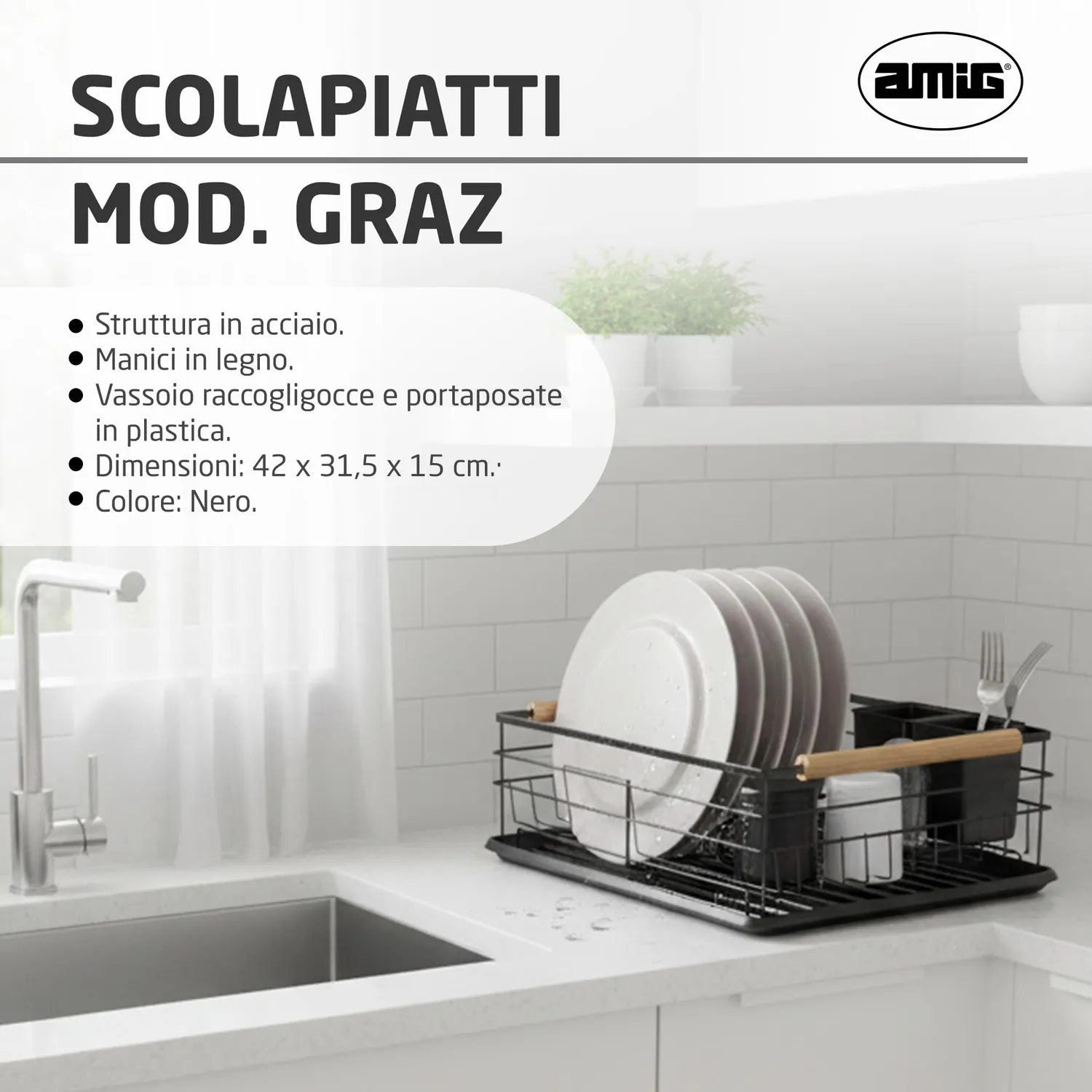 Amig Graz II scolapiatti nero acciaio 42x31,5x15 cm
