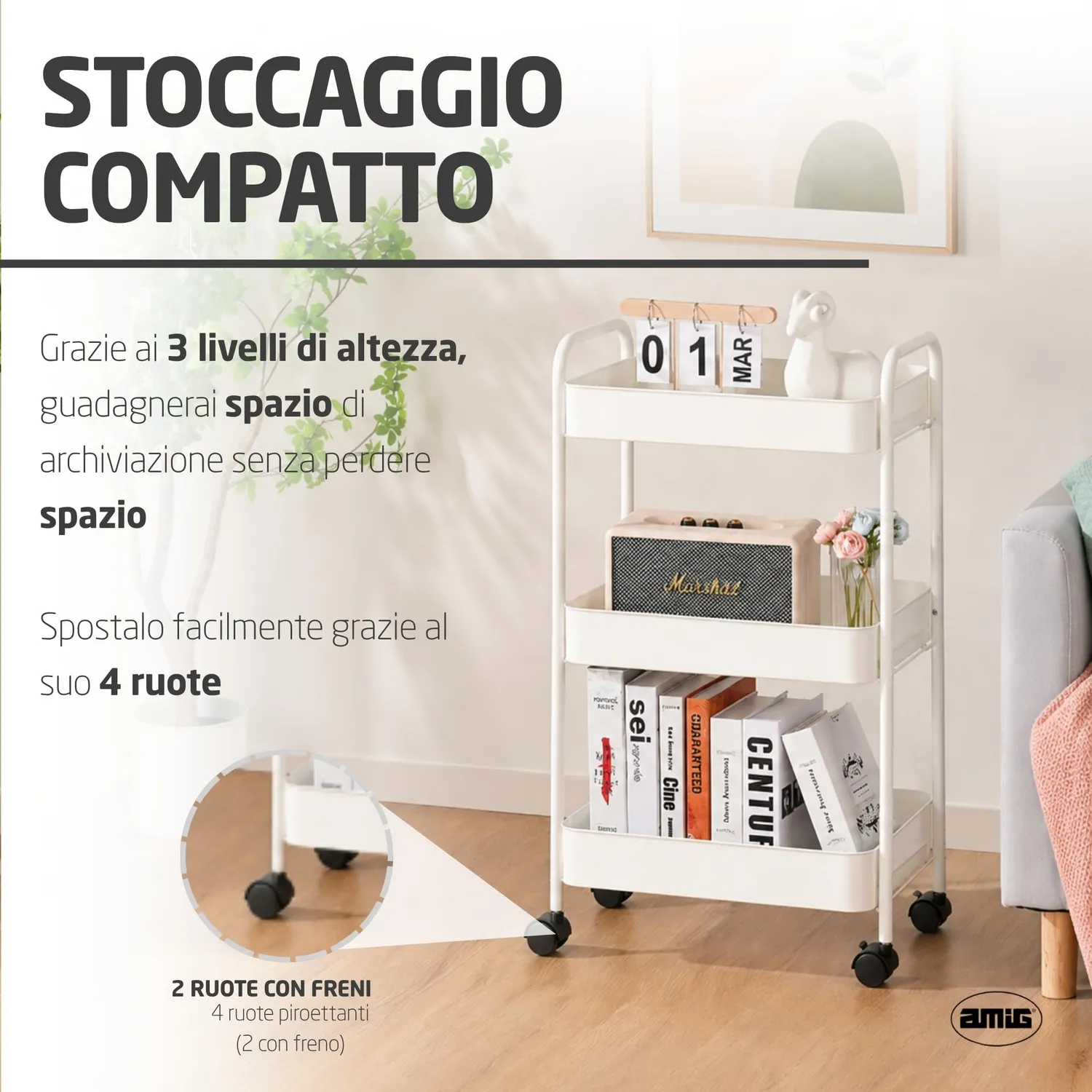 Amig Klipsa carrello cucina bianco 3 ripiani