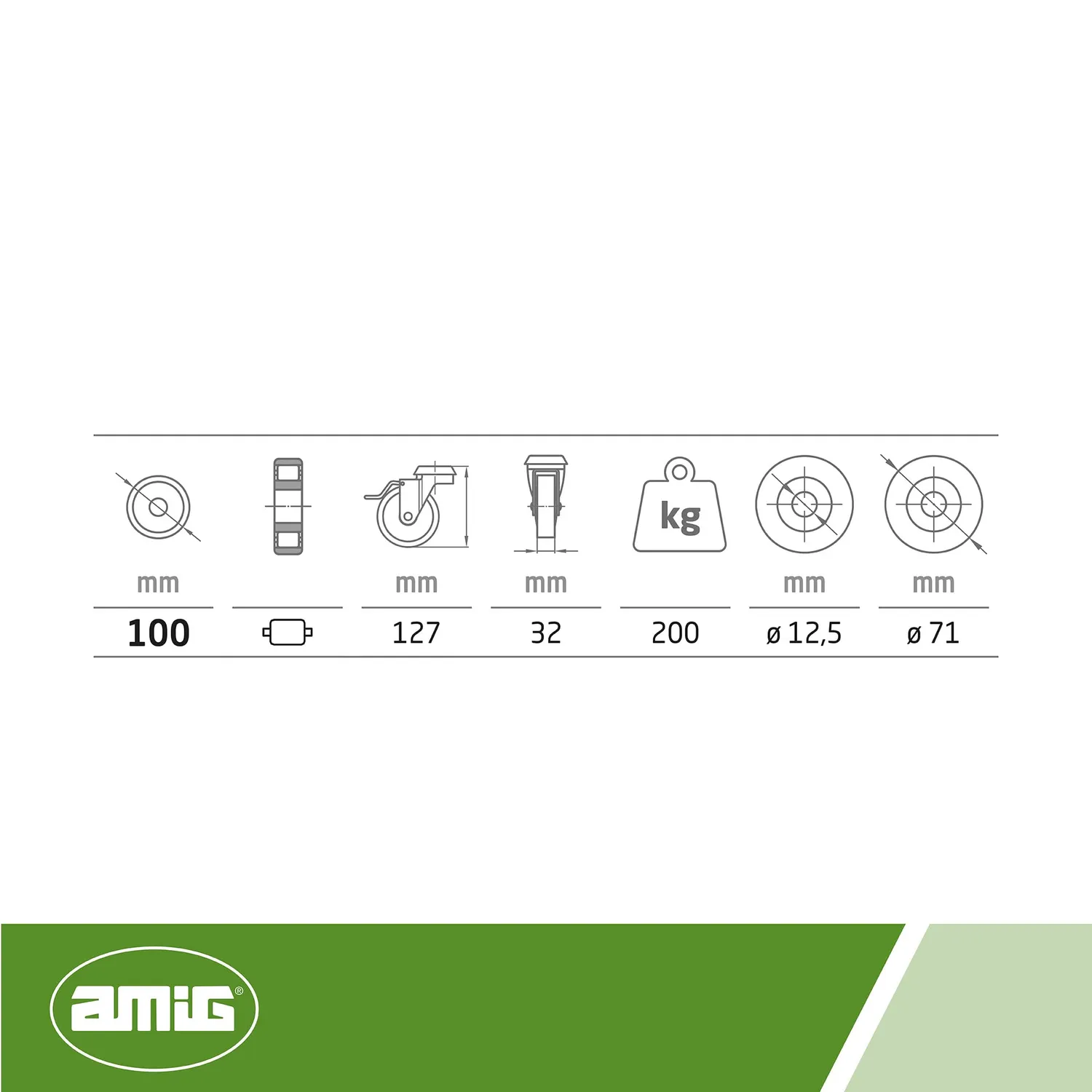 Amig Set 4 Ruote Bianche Ø 100 mm Foro Freno 200 kg