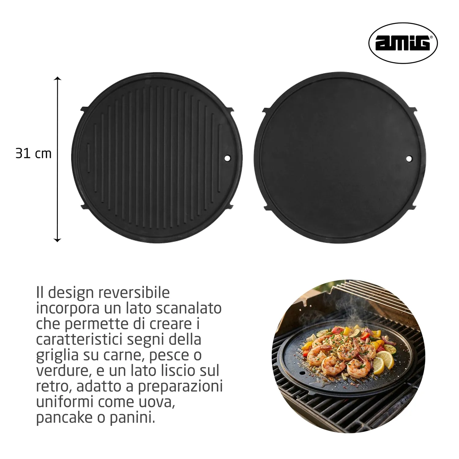 Amig AM37 piastra ghisa rotonda 31 cm scanalata barbecue