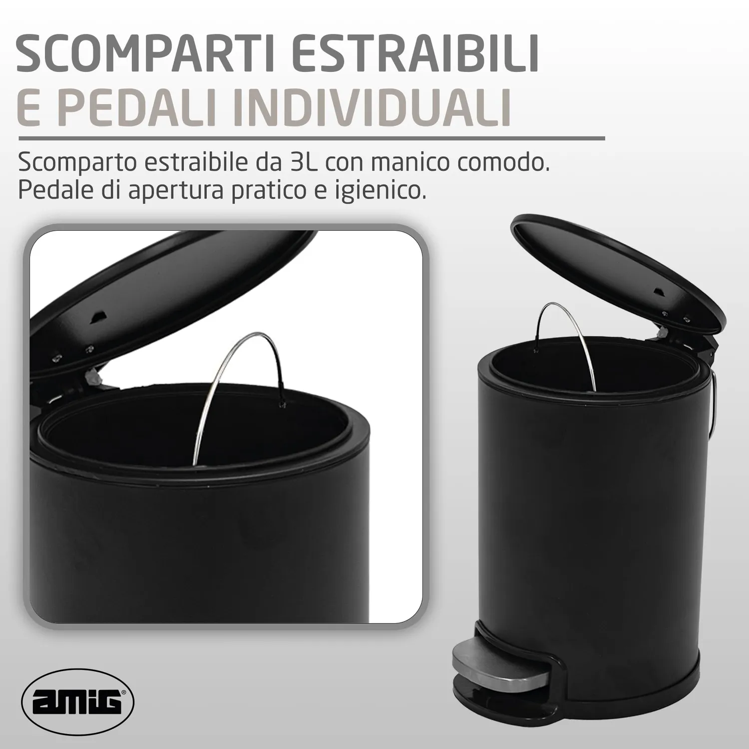 Amig Tacto pattumiera bagno 3 litri nera pedale