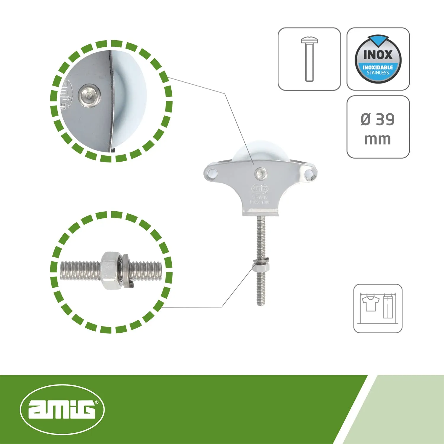 Amig Mod.212 puleggia stendibiancheria 39 mm acciaio inox