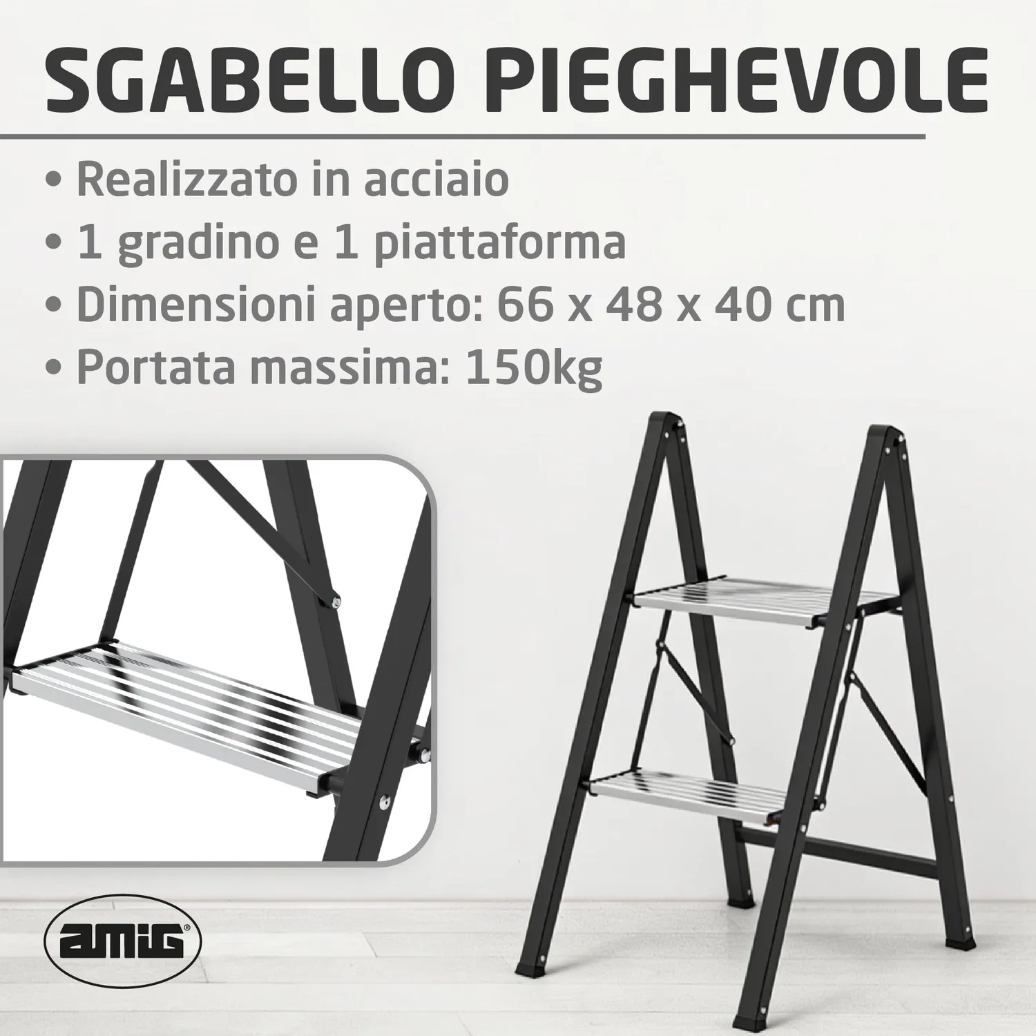 Amig Sgabello Pieghevole 2 Gradini Nero 66x48x40 cm