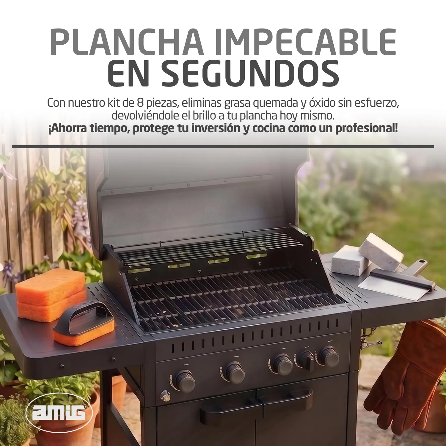 Amig AM22 Kit 8 Accessori Pulizia Barbecue con Raschietto