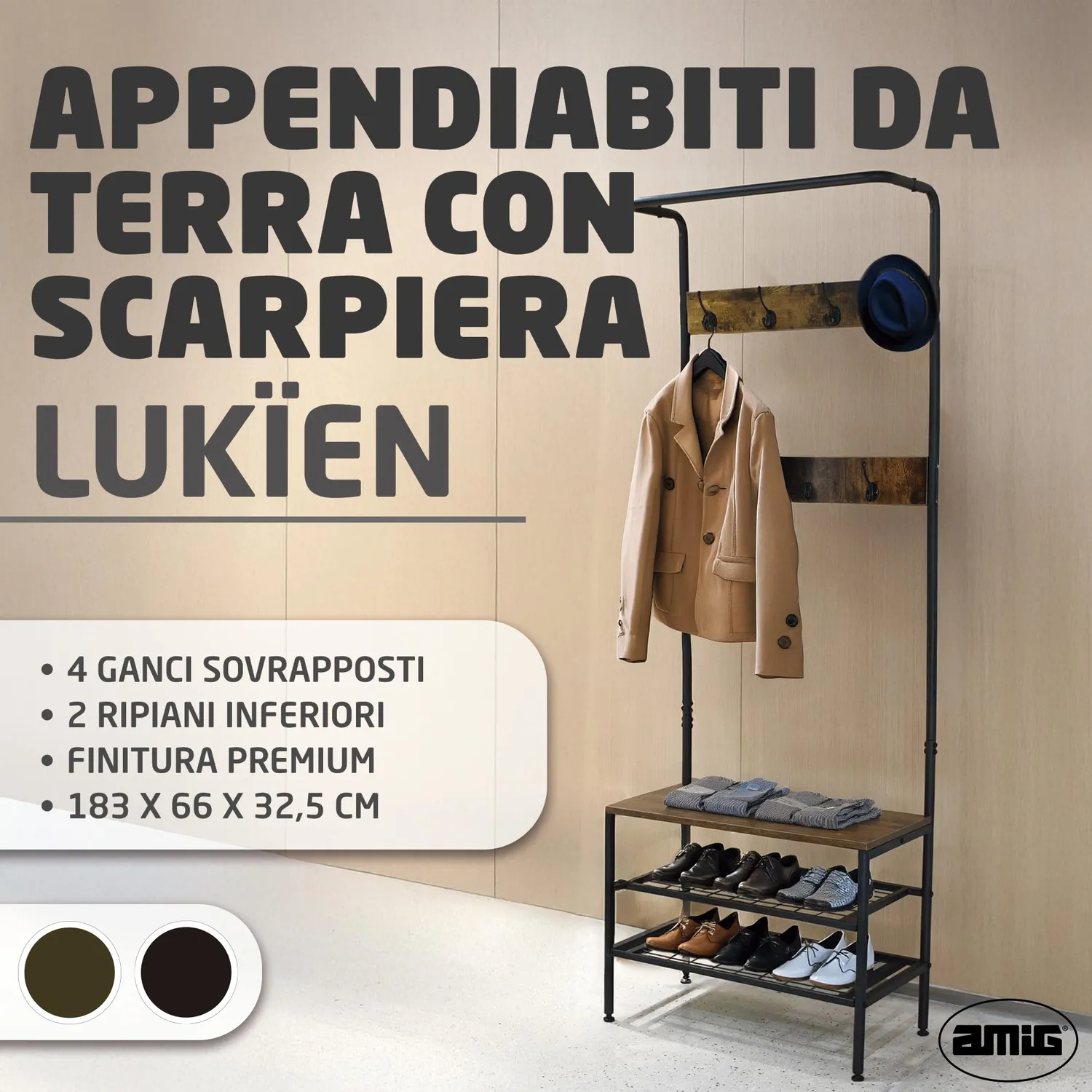 Amig Lukien appendiabiti con scarpiera 183 cm nero marrone