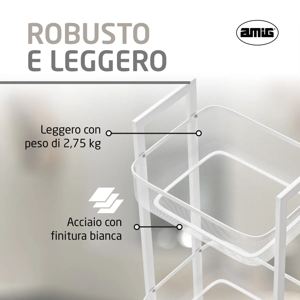 Amig Mobile Organizzatore 3 Cesti 33x25x85 cm Bianco