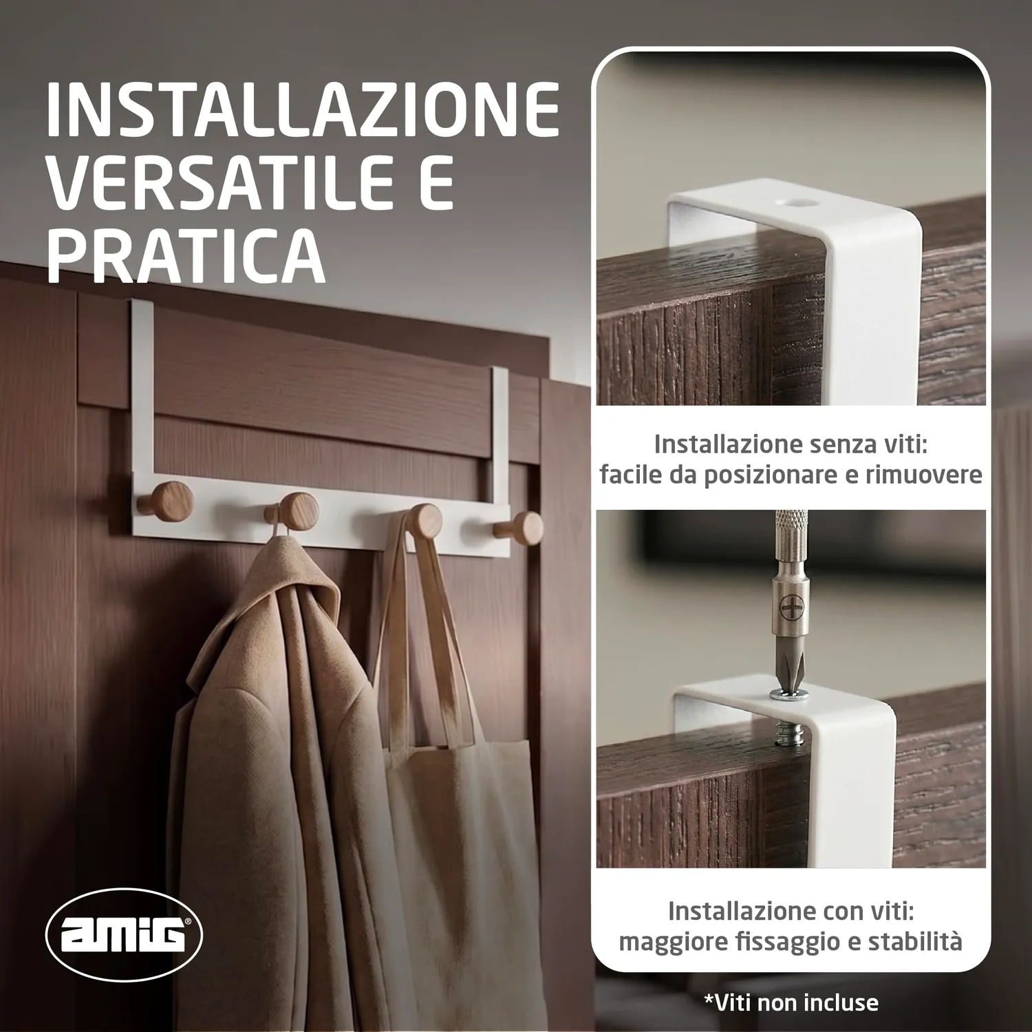 Amig CP43 appendiabiti per porta bianco 2 pezzi acciaio legno
