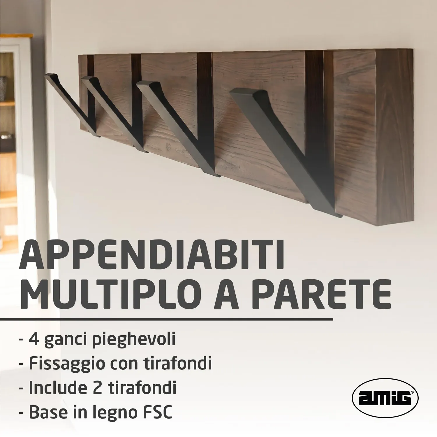 Amig CM39 Appendiabiti Muro Legno 420x70 mm