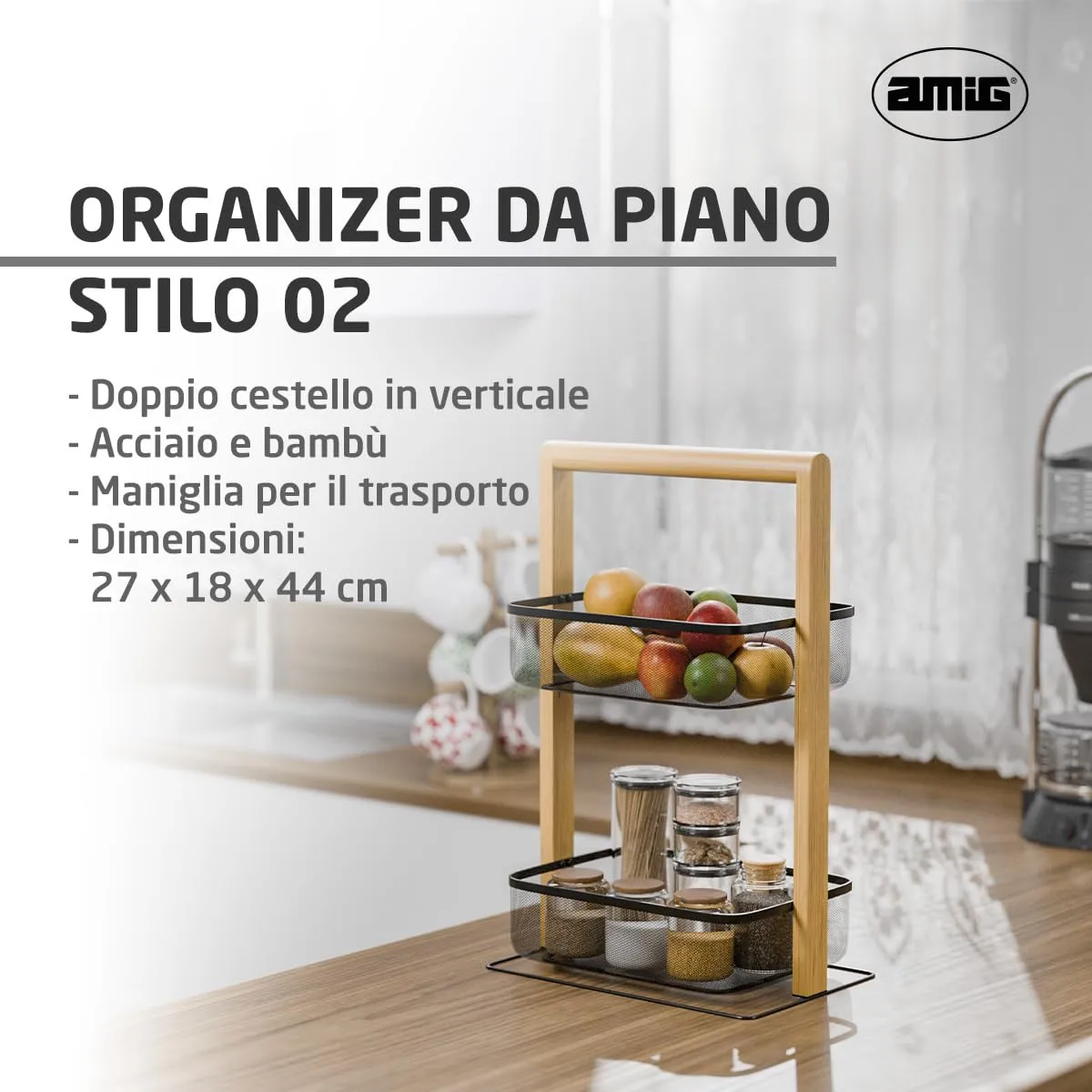 Amig scaffale 2 cesti 27x18x44 cm nero bambù