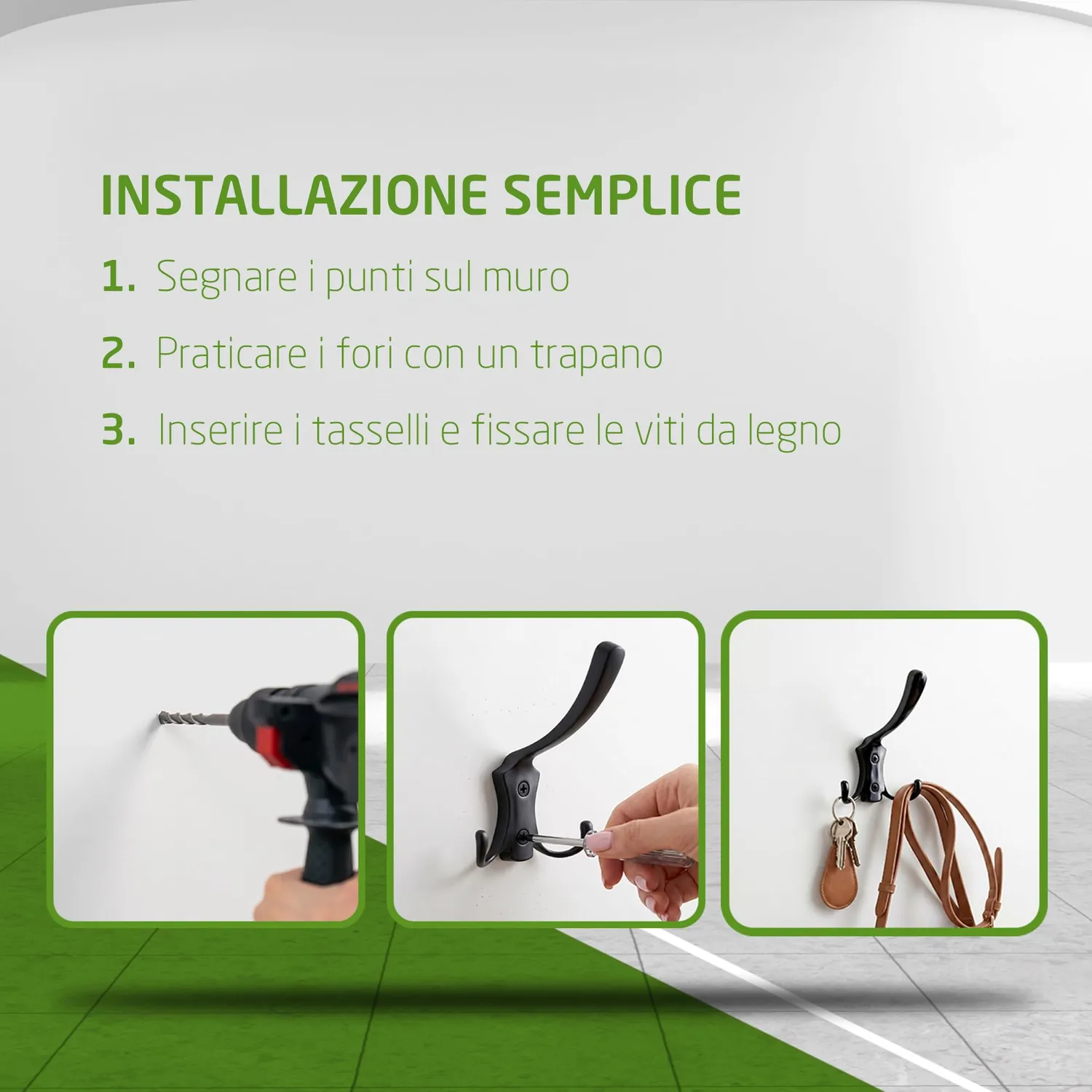 Amig CS33 appendiabiti da parete nero 3 ganci zamak