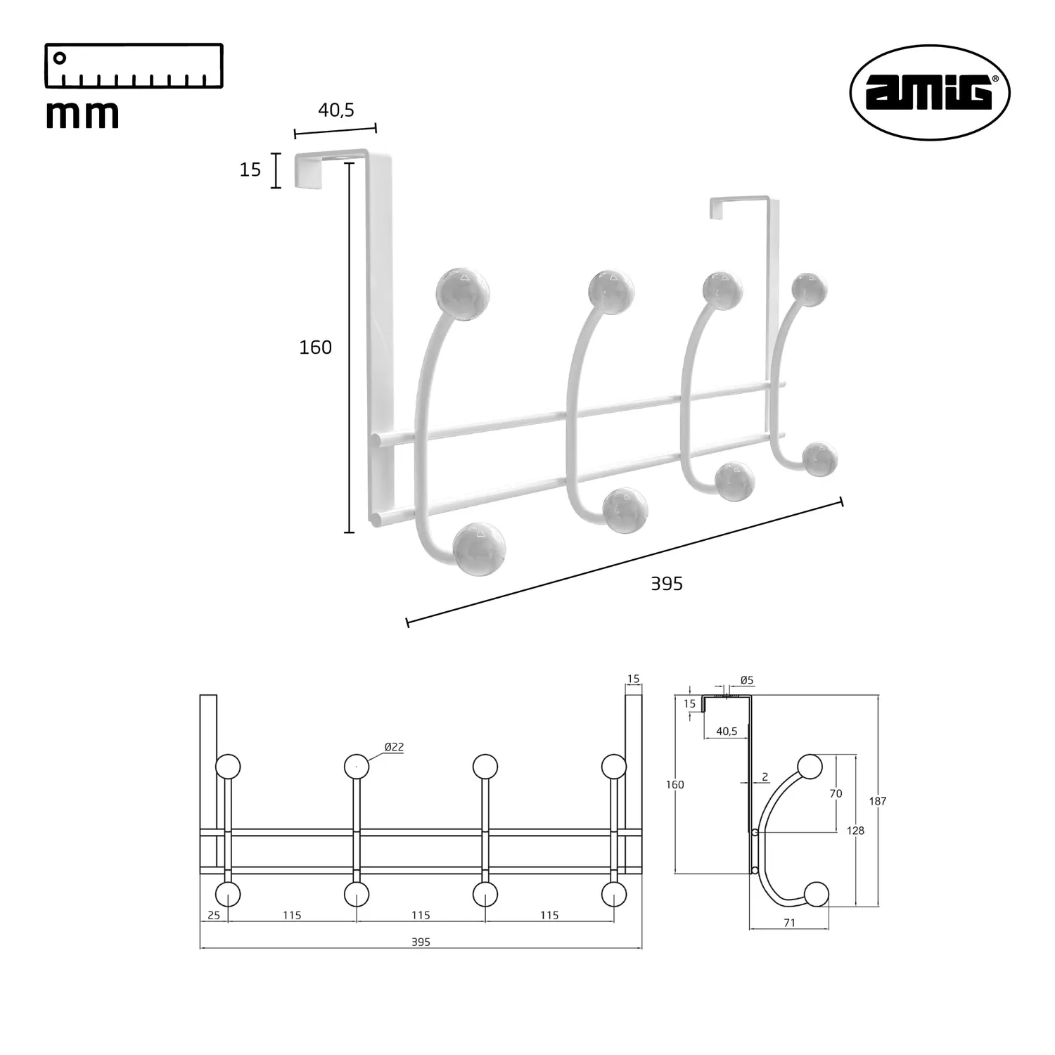 Amig CP46 appendino porta bianco acciaio 2 pezzi