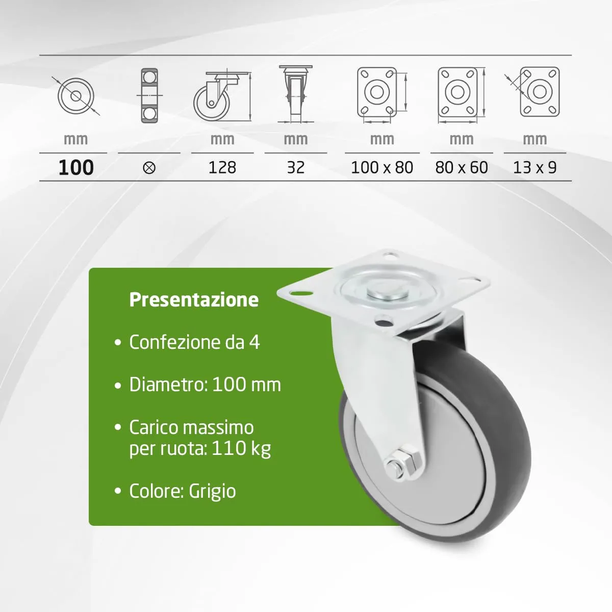 Amig Set 4 Rotelle 100mm Gomma Grigia 110Kg Piastra