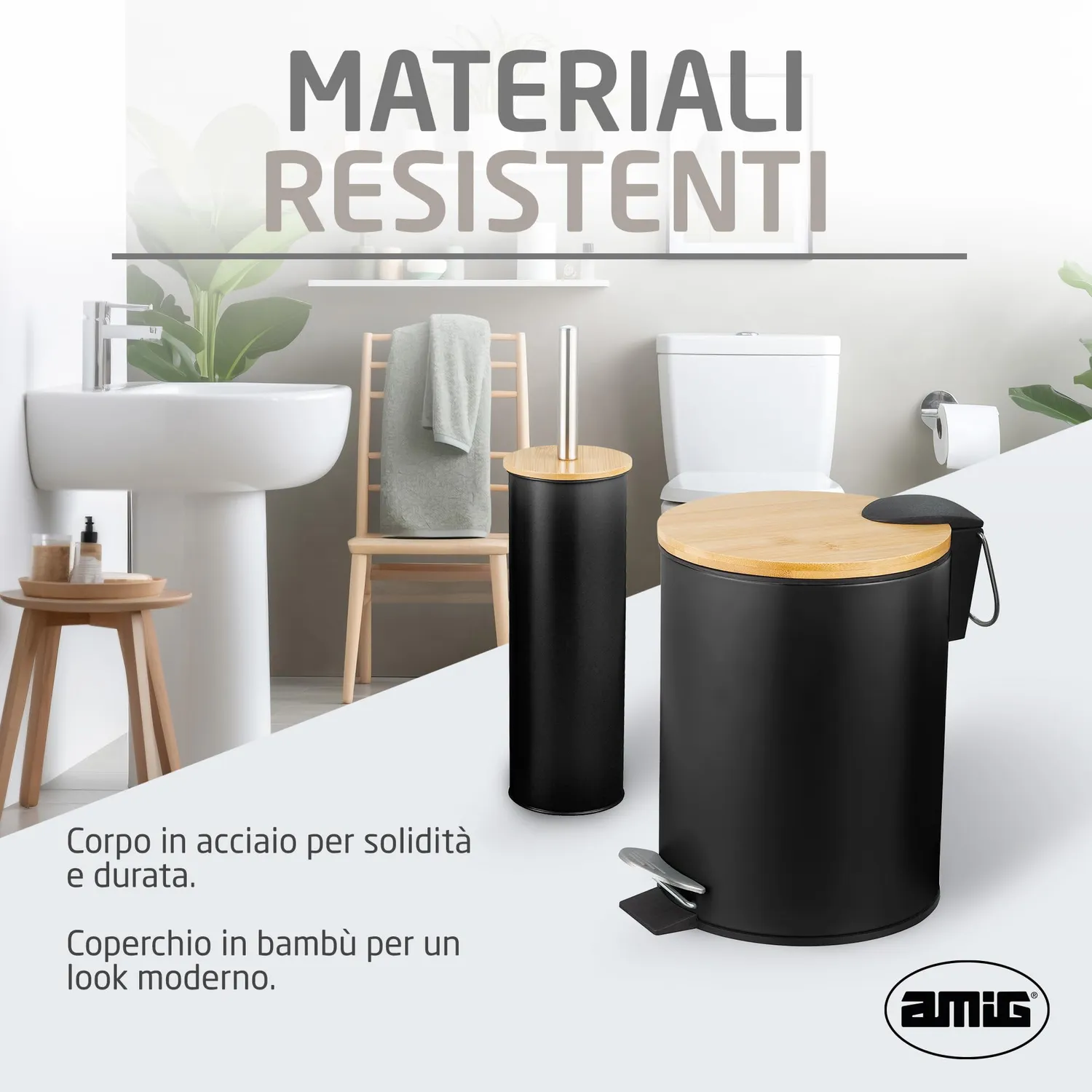 Amig Naturline set bagno nero acciaio e bambu