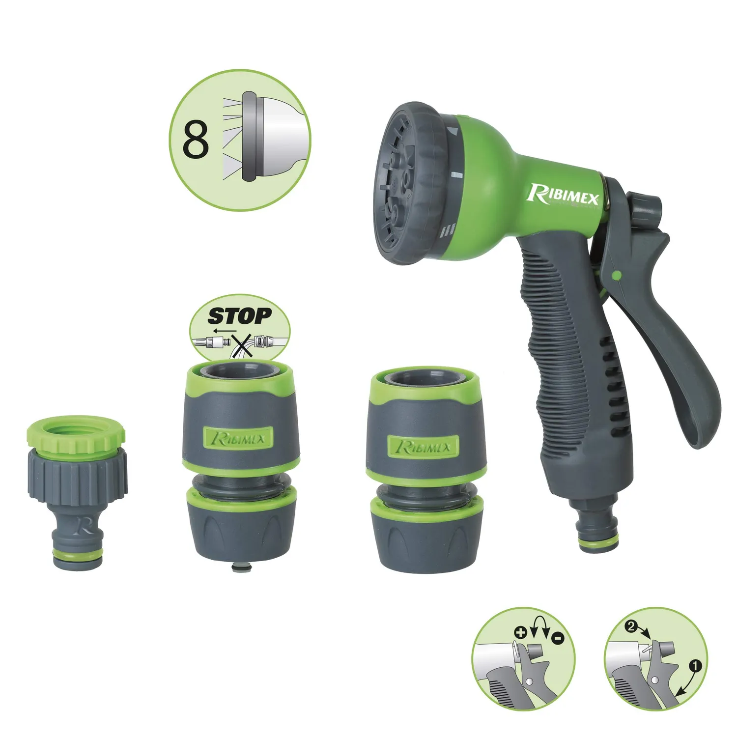 Ribimex kit irrigazione giardino pistola 8 getti tubi 12-15 mm