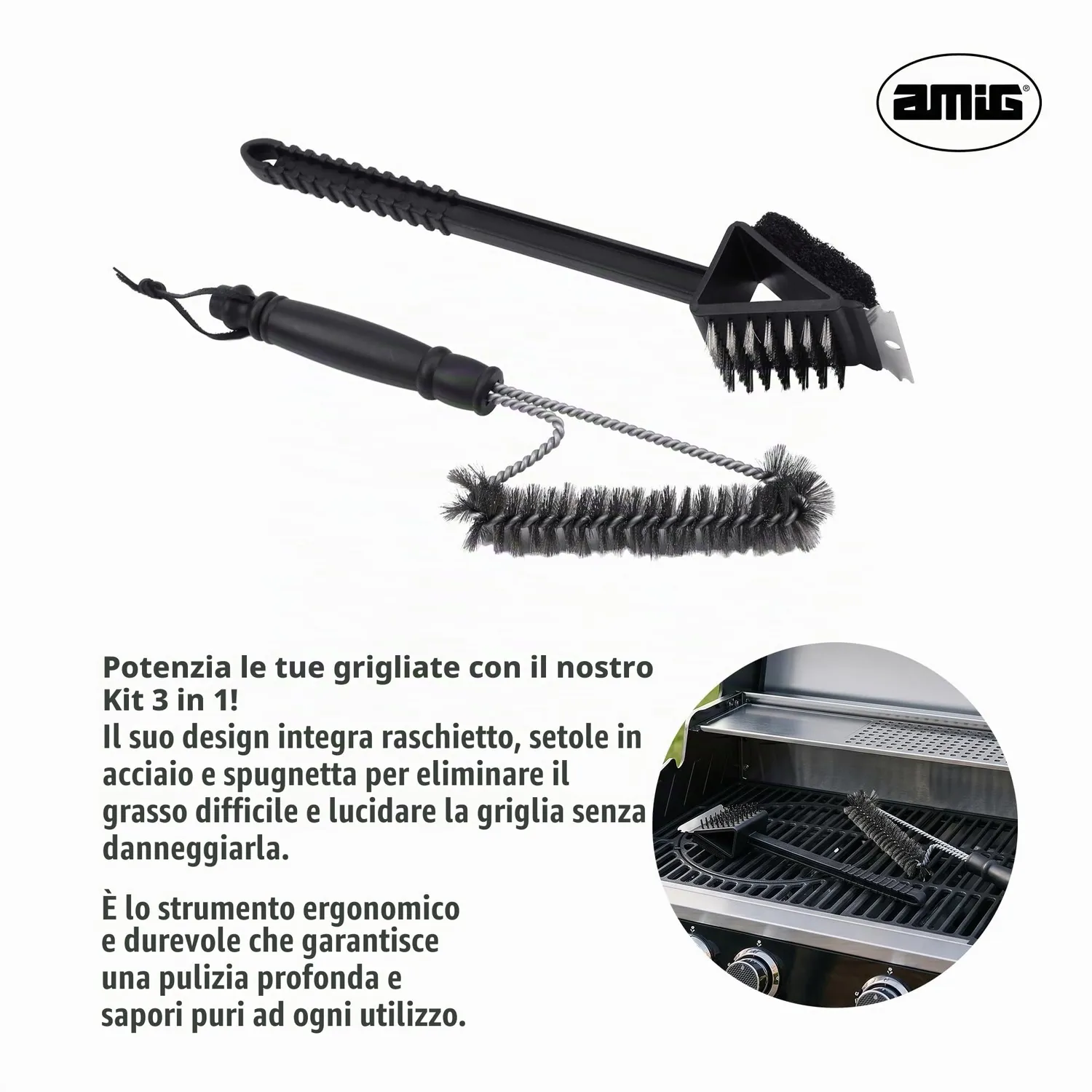 Amig AM23 kit pulizia barbecue 37x6 cm in acciaio inox