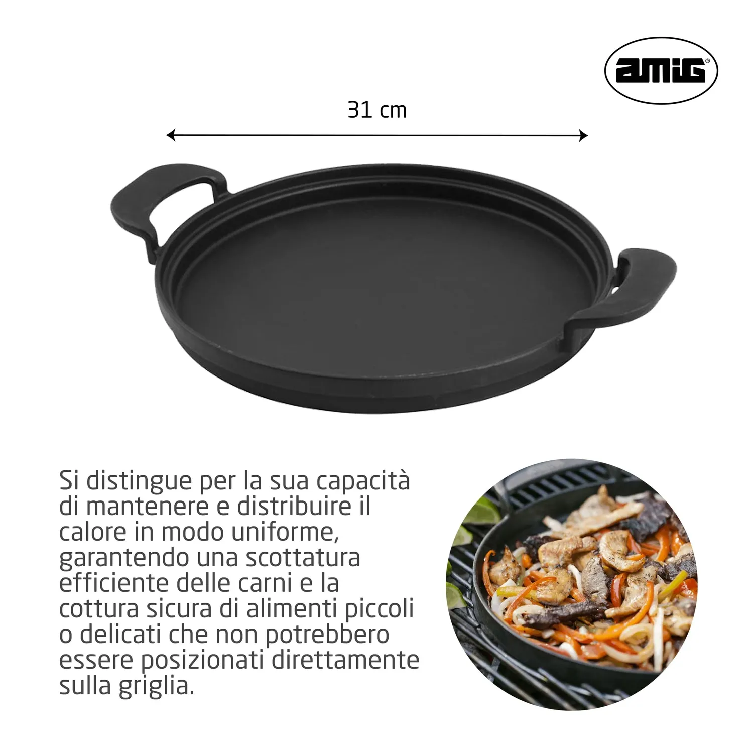 Amig AM39 padella ghisa 31 cm barbecue alta resistenza