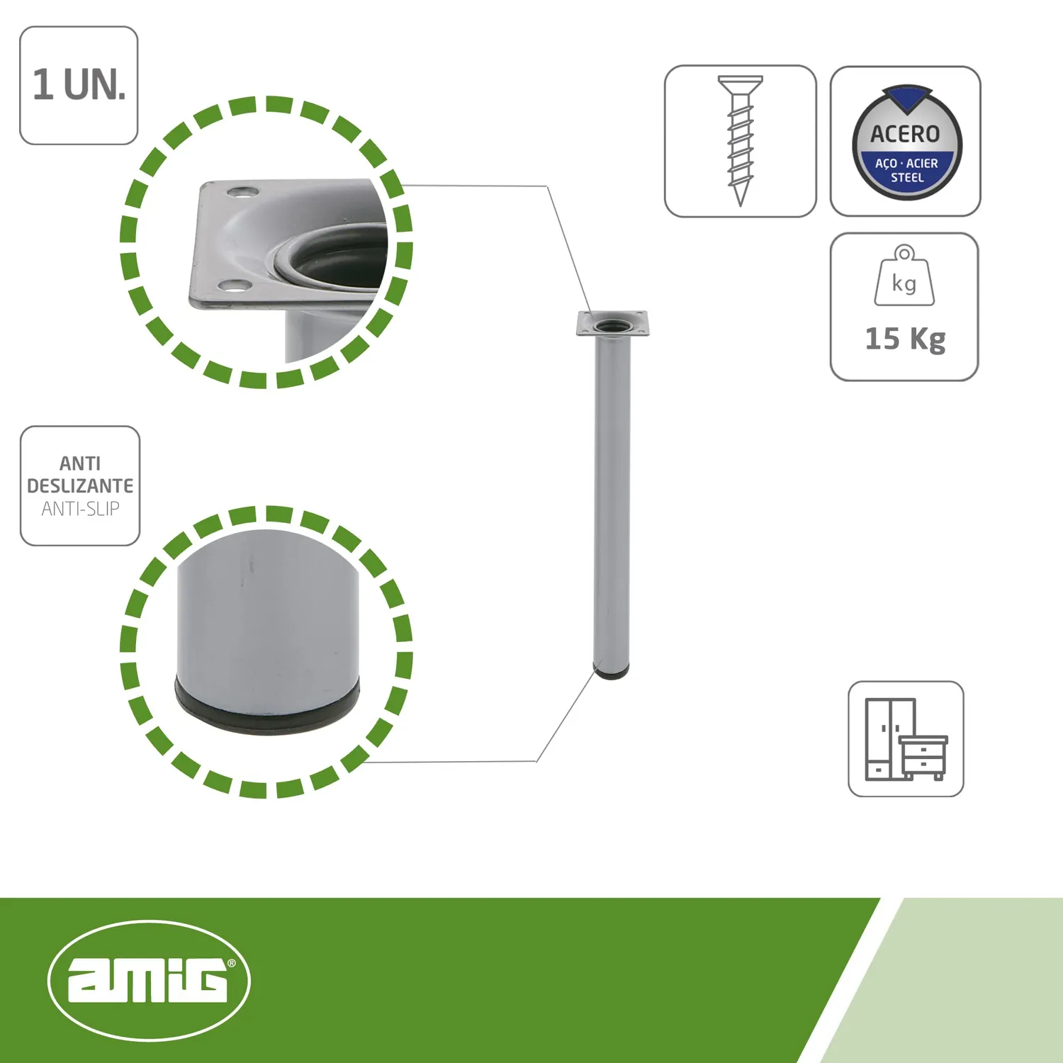 Amig Gamba Rotonda 30x500 mm Acciaio Argento con Viti