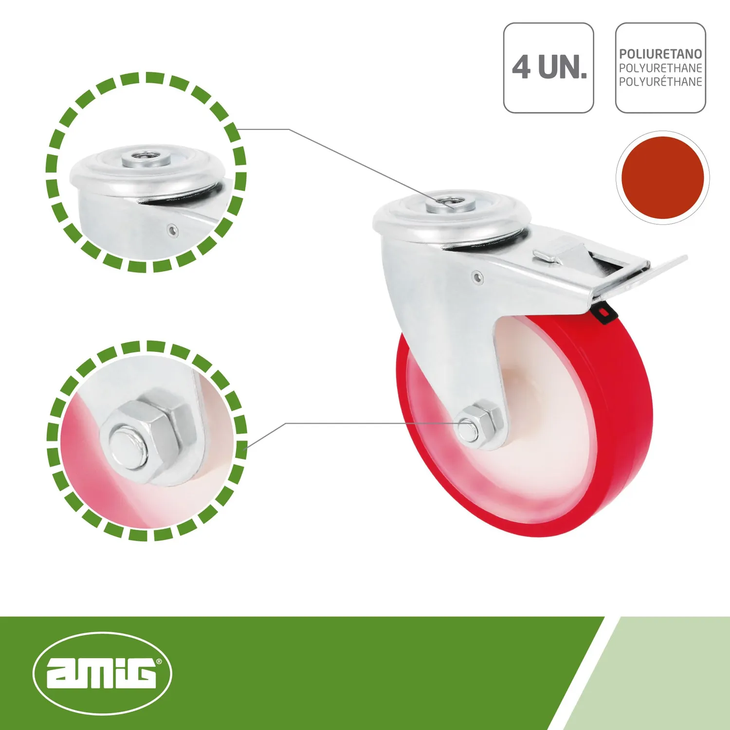 Amig Set 4 Ruote Ø 100 foro con freno rosse 120 kg