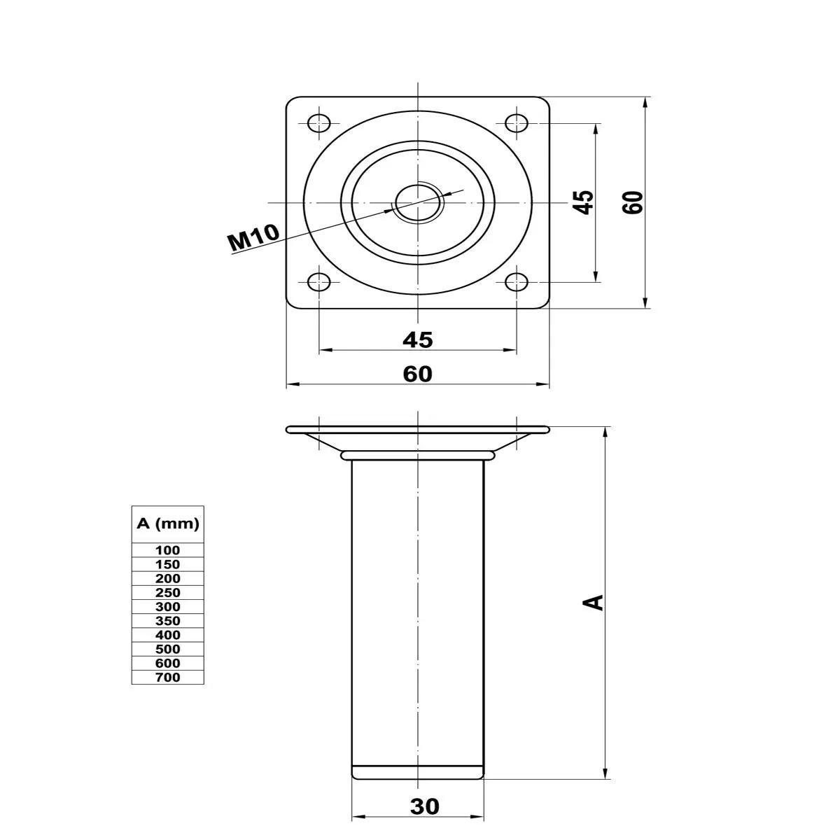 Amig Set 4 Gambe Mobili Rotonde Acciaio Nere 600 mm