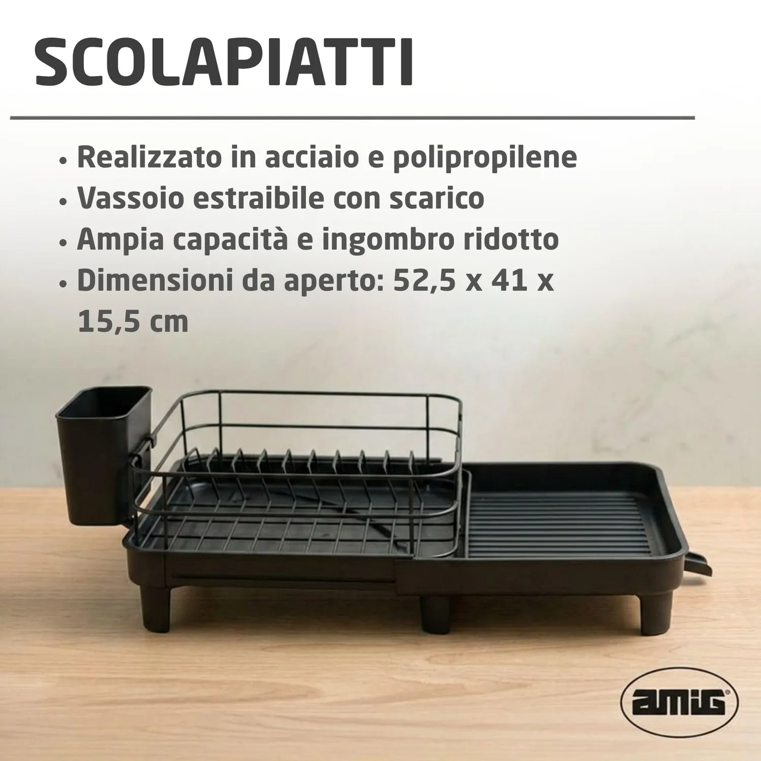Amig Vika scolapiatti estensibile nero 31-52 cm acciaio