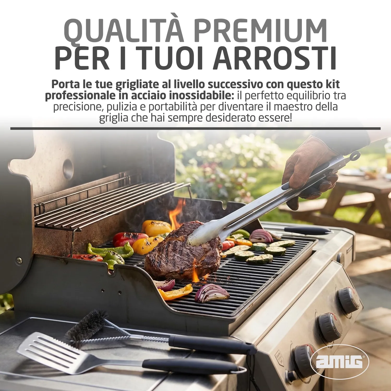 Amig AM02 Kit 3 Accessori Barbecue Inox Custodia