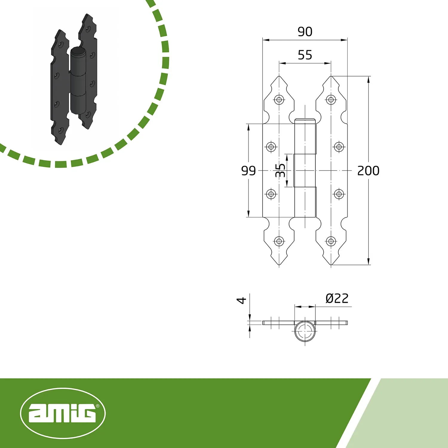 Amig 9100 Cerniera Gotica Fissa 200x90 mm Nera