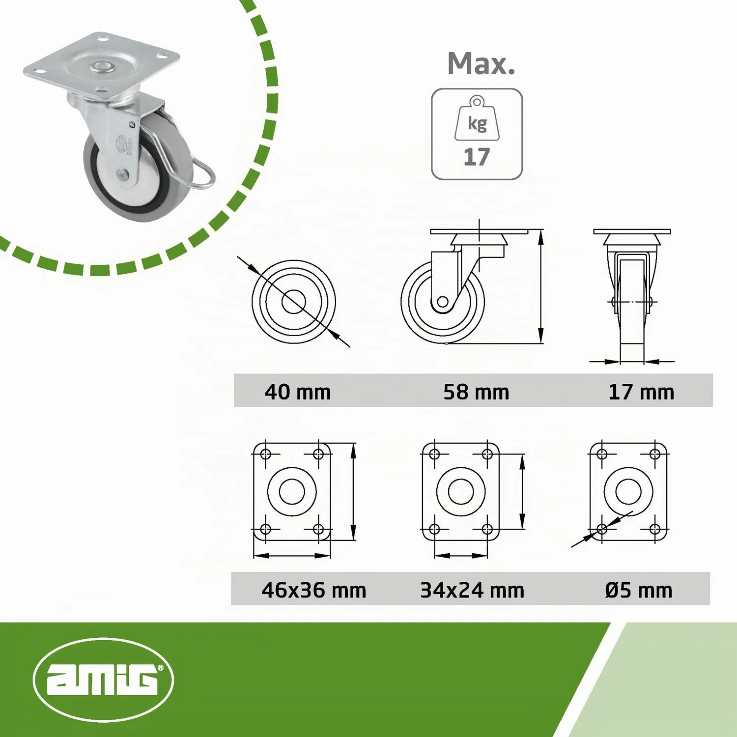 Amig 2503 ruote mobili gomma 40 mm freno 4 pezzi