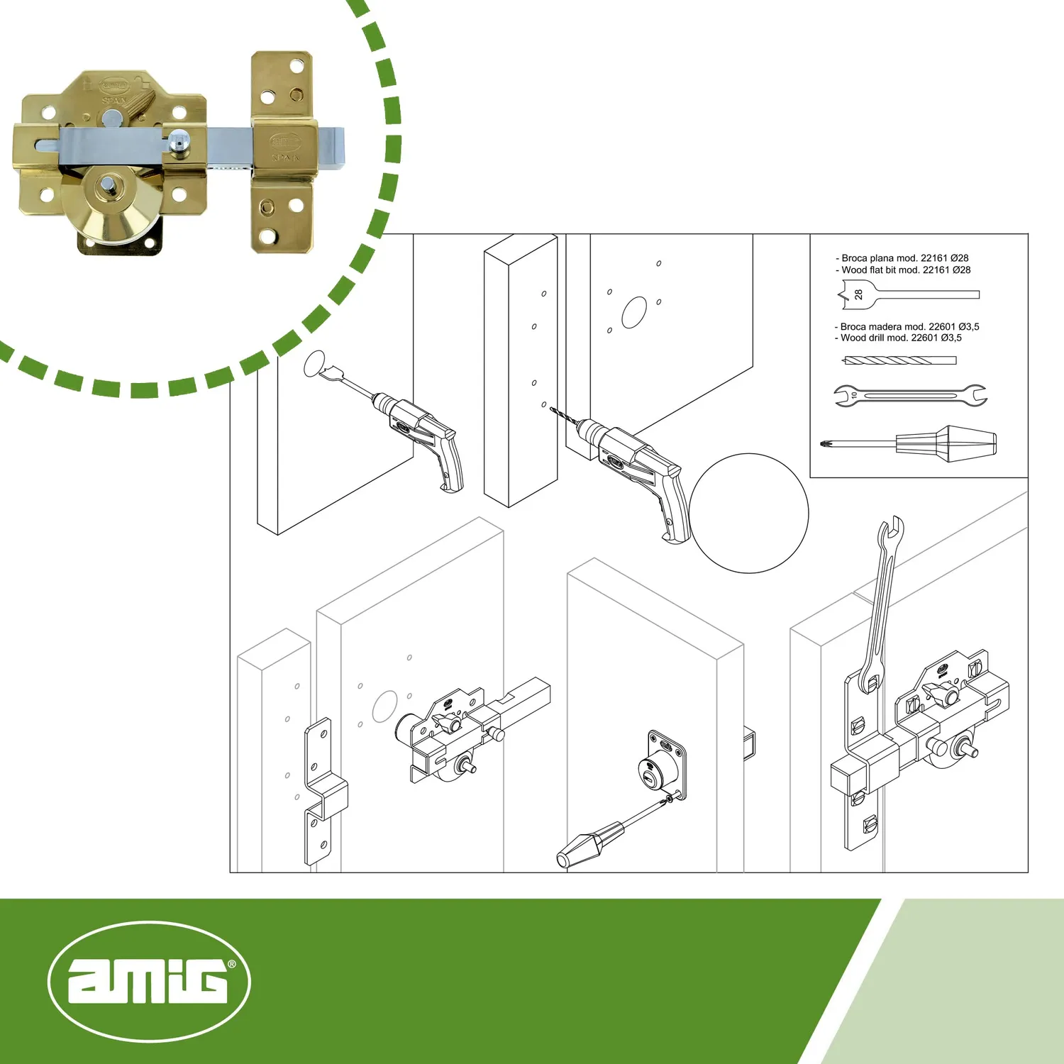 Amig chiavistello acciaio oro 90x154 mm cilindro 50 mm